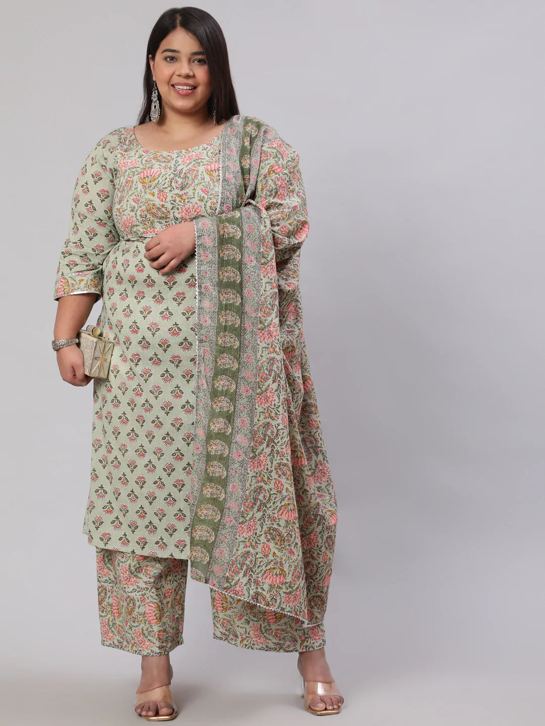 Plus Size Green Printed Kurta And Palazzo With Dupatta