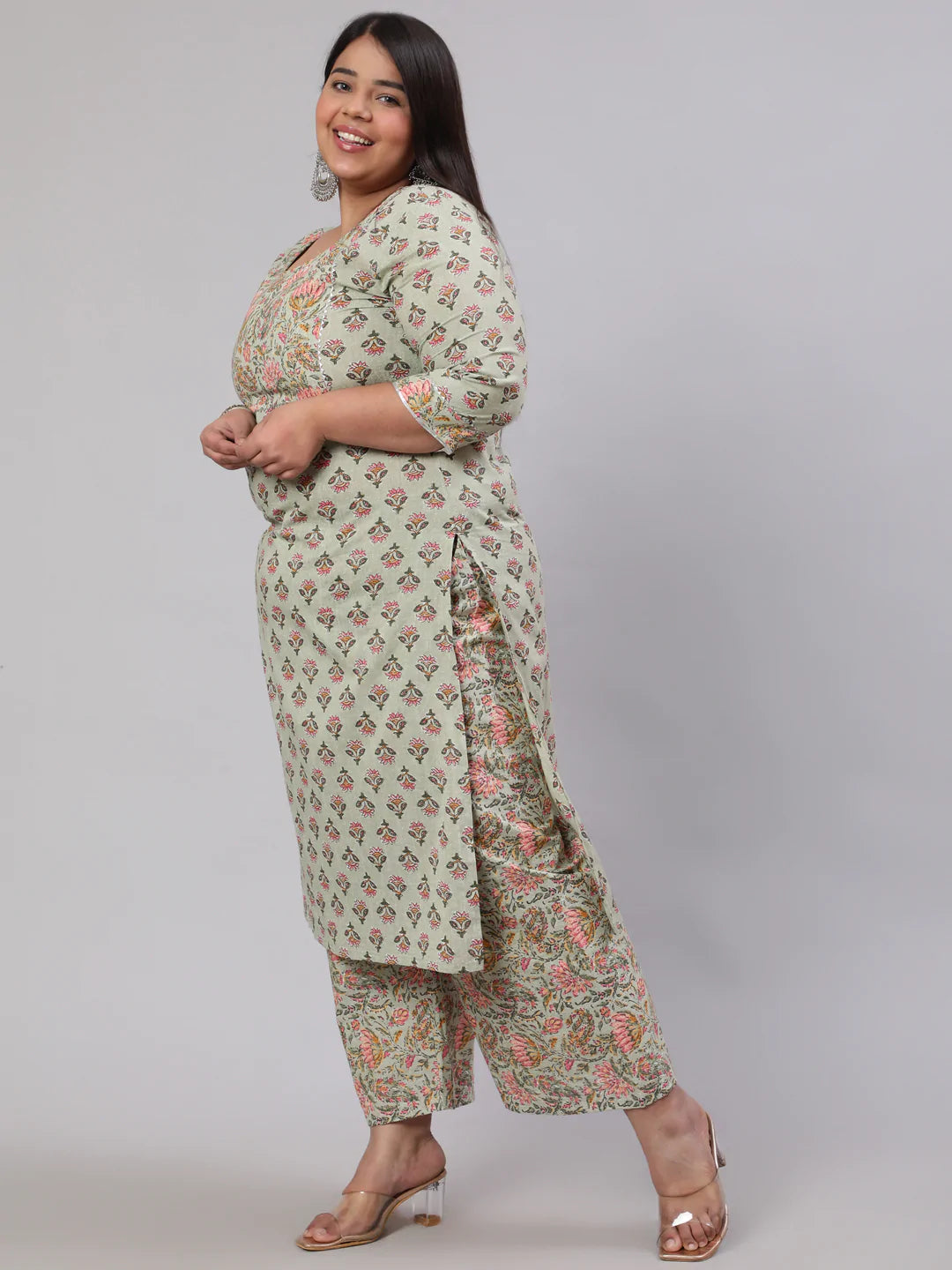 Plus Size Green Printed Kurta And Palazzo With Dupatta