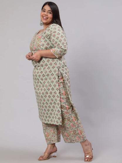 Plus Size Green Printed Kurta And Palazzo With Dupatta