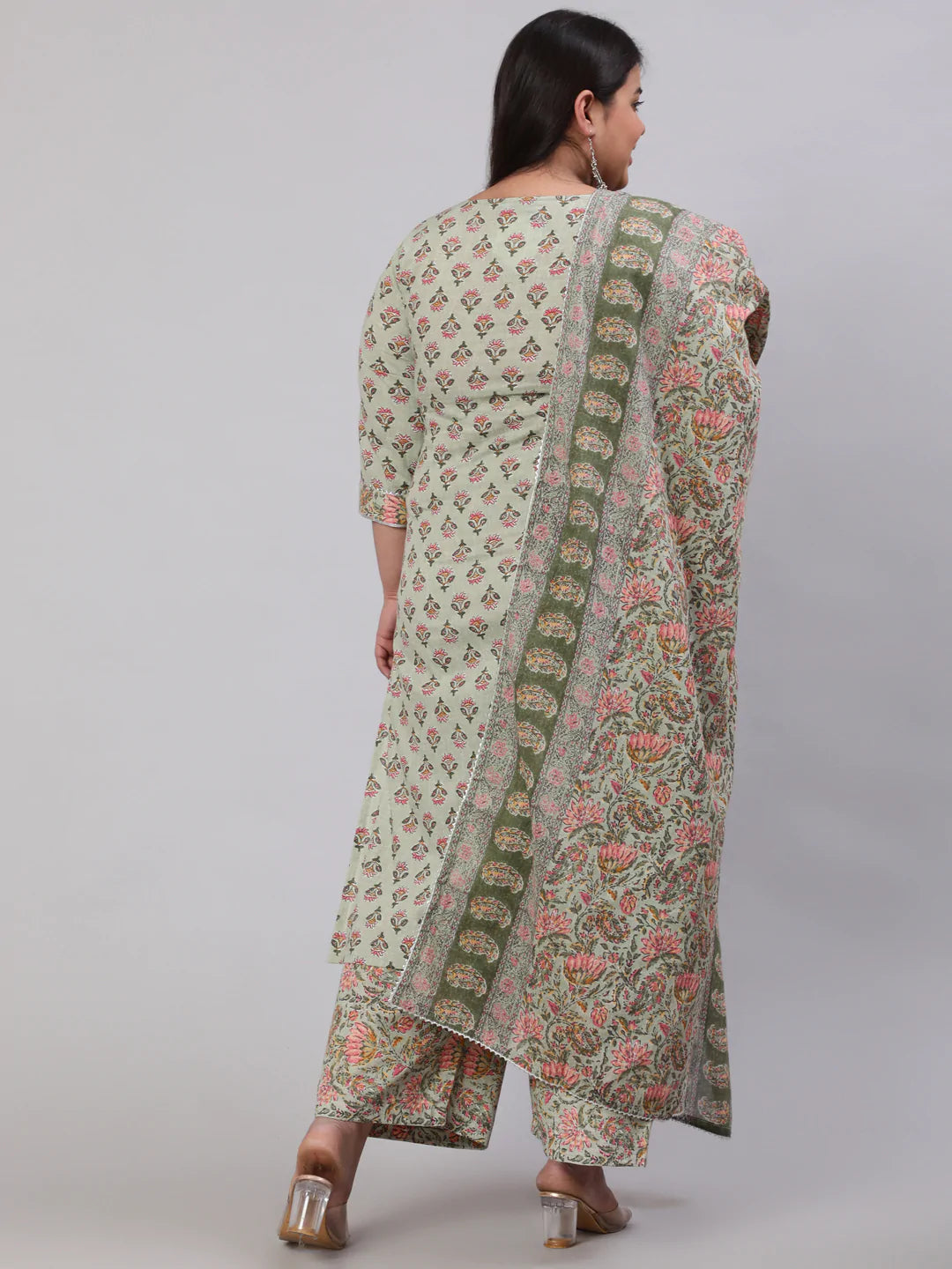 Plus Size Green Printed Kurta And Palazzo With Dupatta