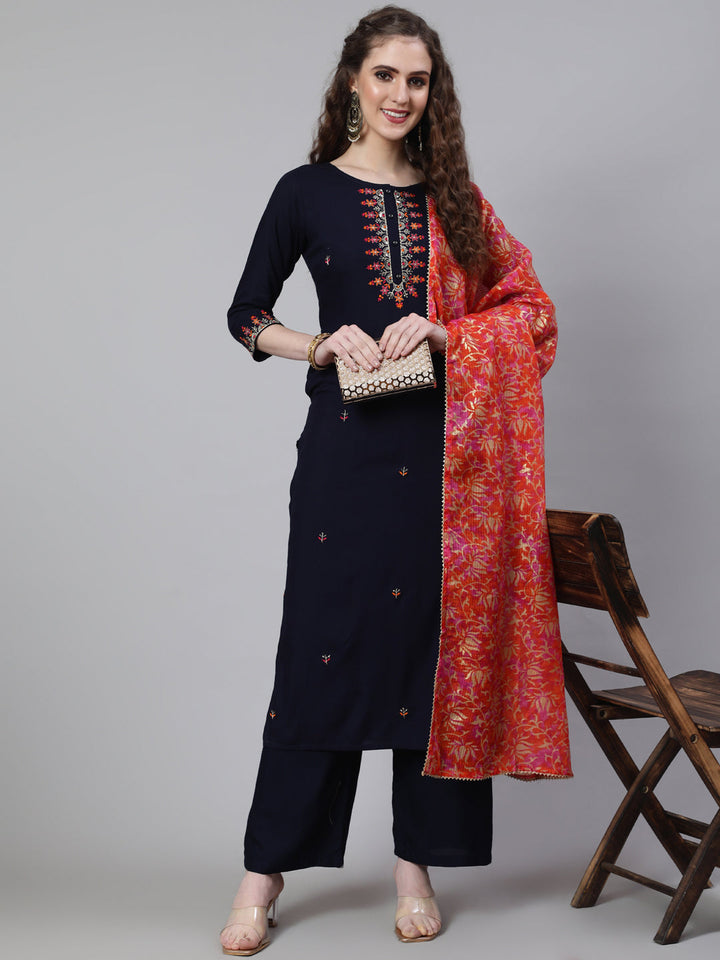 Navy Blue Embroidered Straight Kurta With Palazzo And Art Silk Dupatta