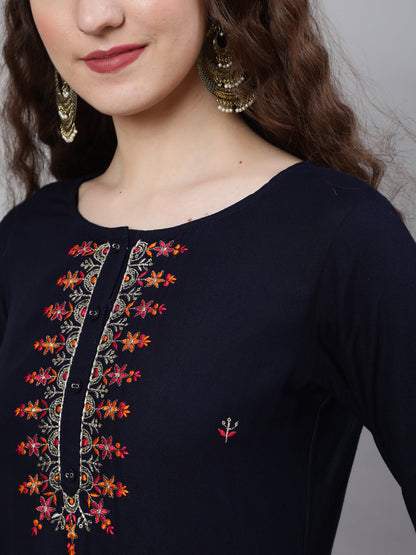 Navy Blue Embroidered Straight Kurta With Palazzo And Art Silk Dupatta