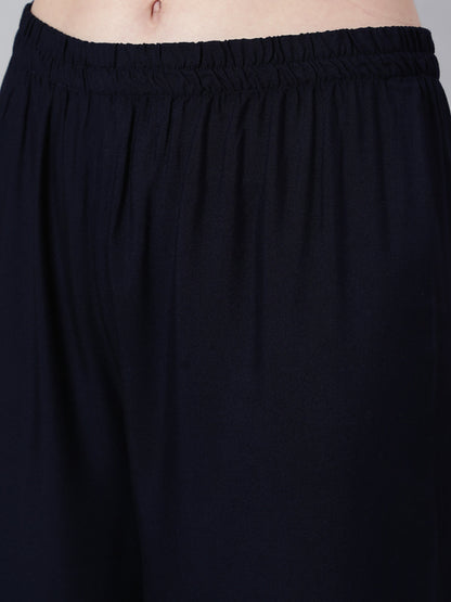 Navy Blue Embroidered Straight Kurta With Palazzo And Art Silk Dupatta