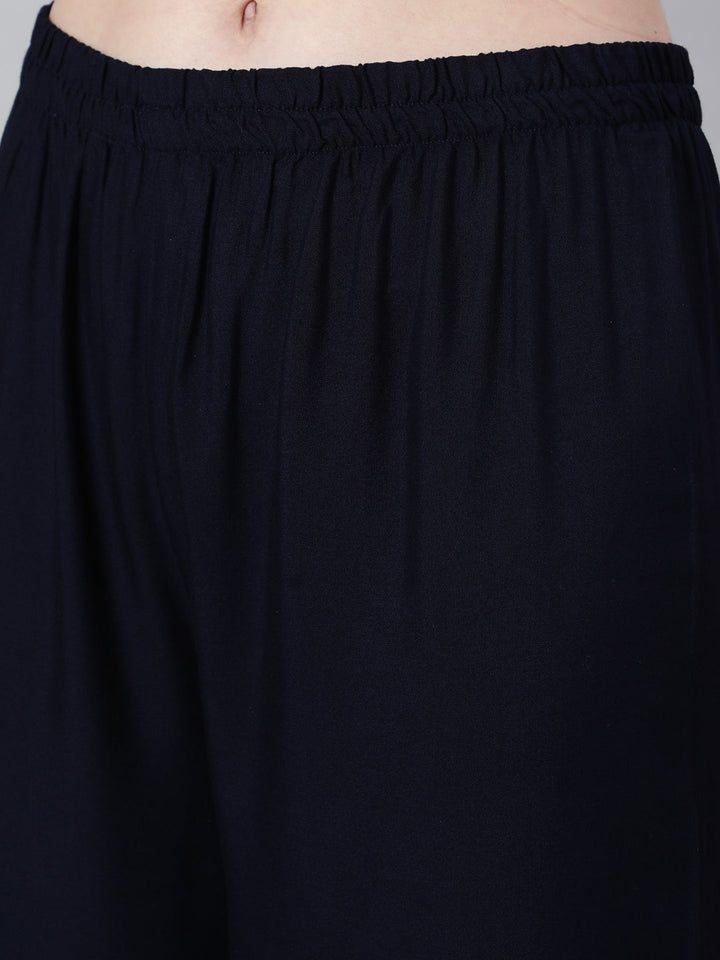 Navy Blue Embroidered Straight Kurta With Palazzo And Art Silk Dupatta