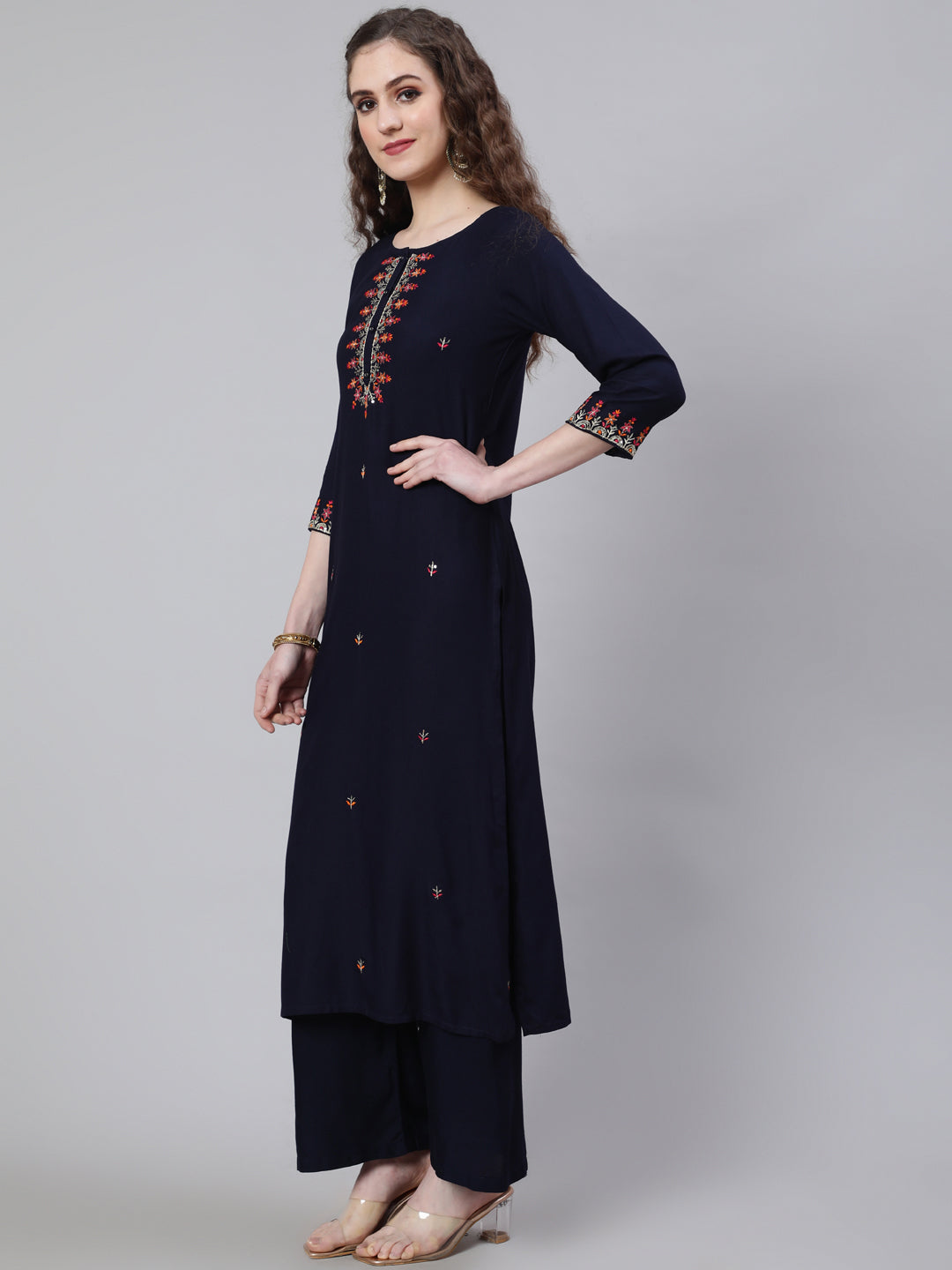 Navy Blue Embroidered Straight Kurta With Palazzo And Art Silk Dupatta