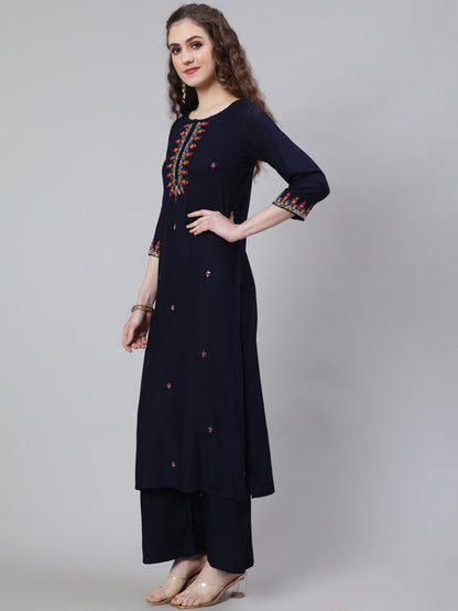 Navy Blue Embroidered Straight Kurta With Palazzo And Art Silk Dupatta
