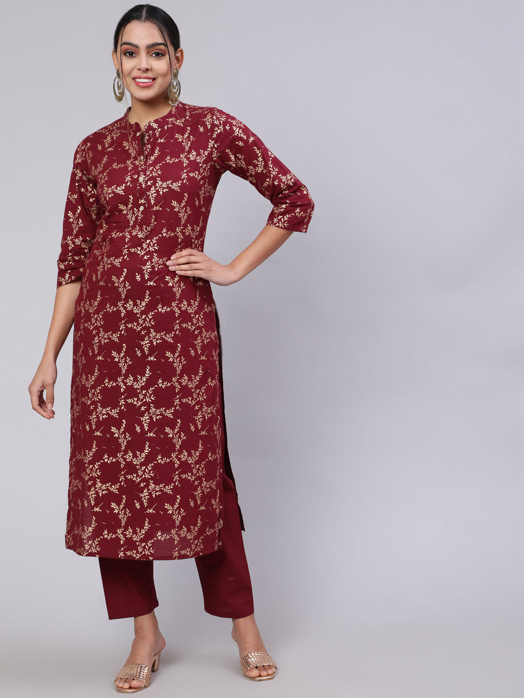 Burgundy Ethnic Printed Straight Kurta With Trouser