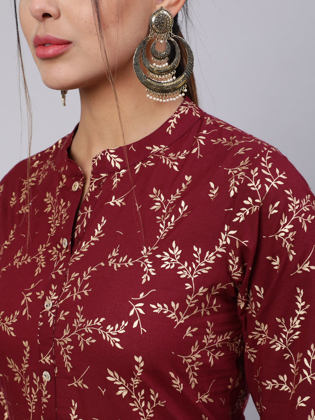 Burgundy Ethnic Printed Straight Kurta With Trouser