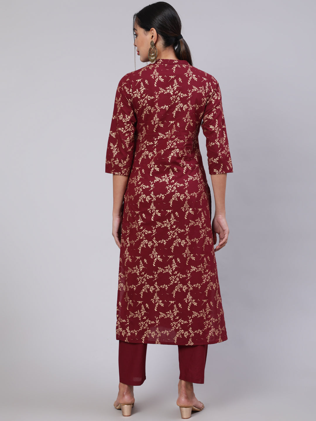 Burgundy Ethnic Printed Straight Kurta With Trouser