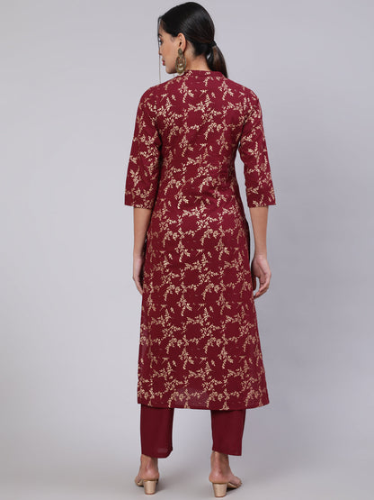 Burgundy Ethnic Printed Straight Kurta With Trouser