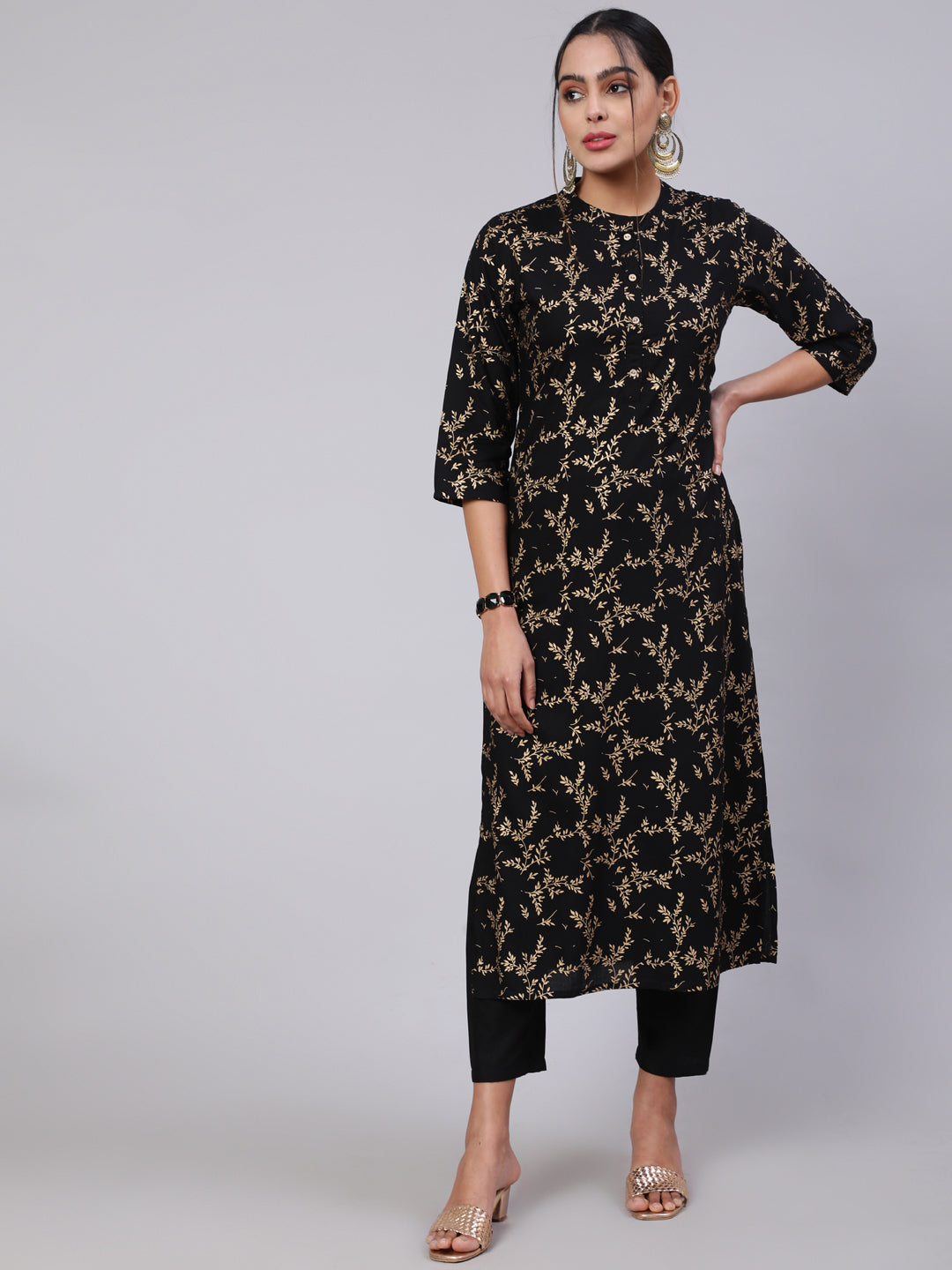 Black Ethnic Printed Straight Kurta With Trouser
