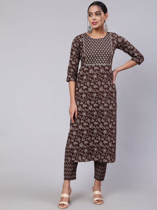 Brown Ethnic Printed Straight Kurta With Trouser