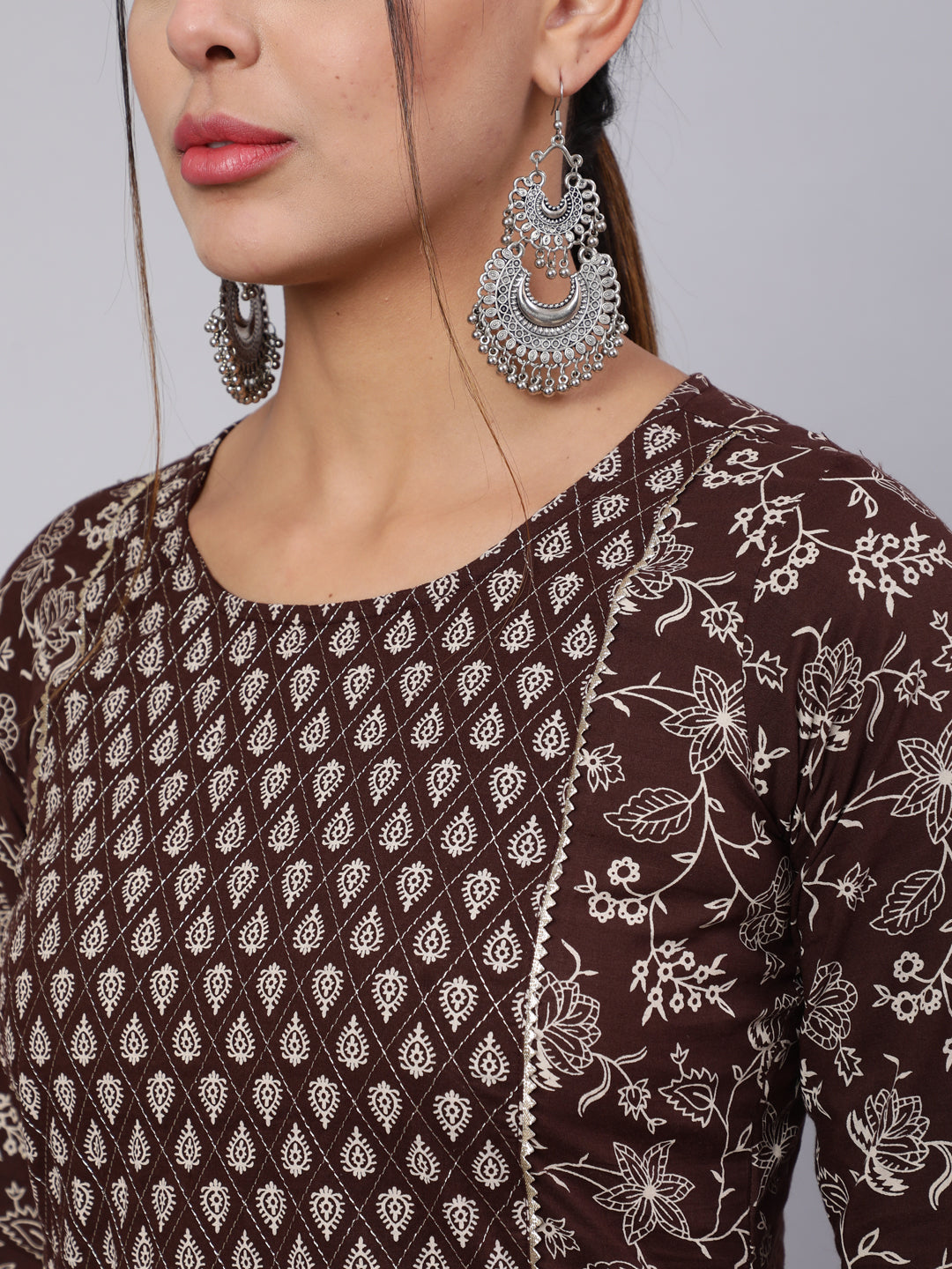 Brown Ethnic Printed Straight Kurta With Trouser