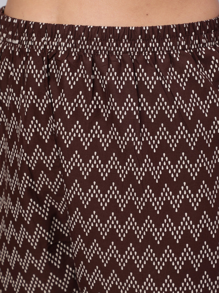 Brown Ethnic Printed Straight Kurta With Trouser
