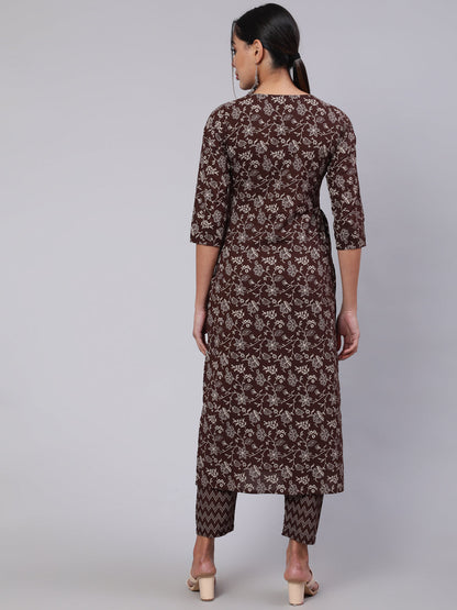 Brown Ethnic Printed Straight Kurta With Trouser