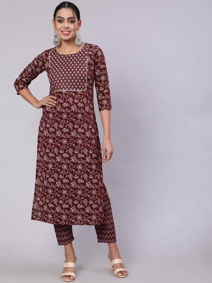 Burgundy Ethnic Printed Straight Kurta With Trouser