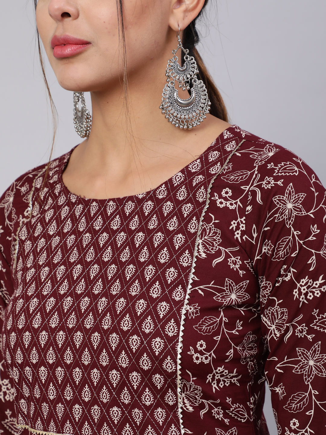 Burgundy Ethnic Printed Straight Kurta With Trouser
