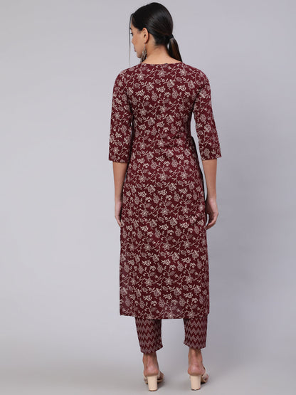 Burgundy Ethnic Printed Straight Kurta With Trouser