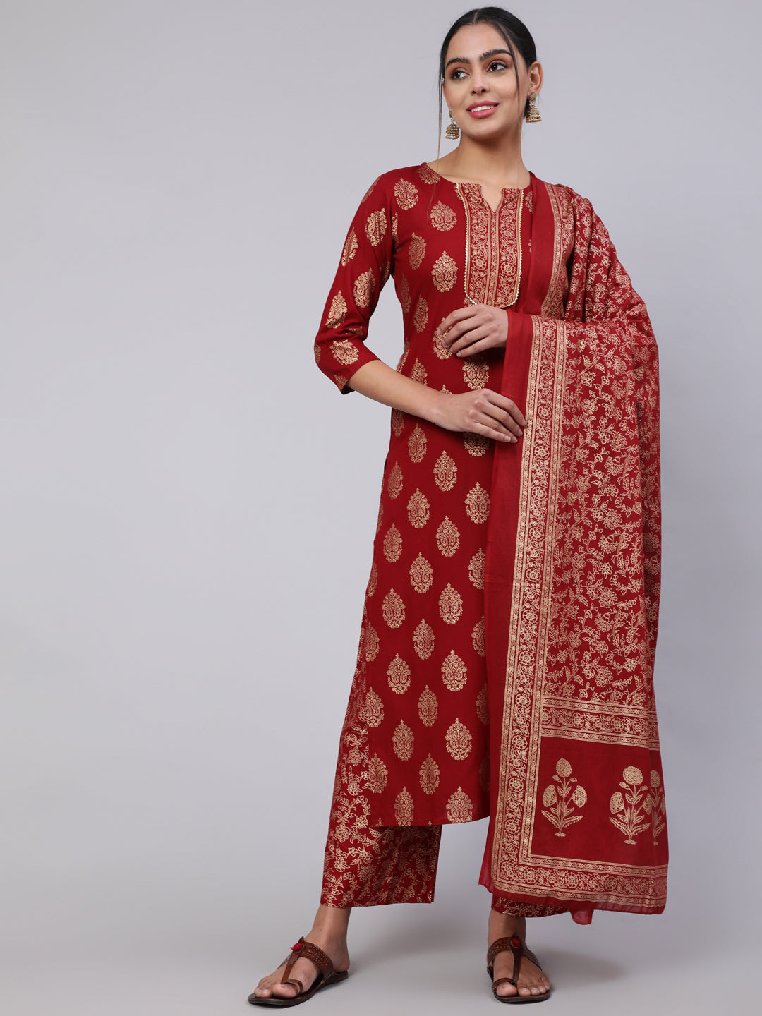 Maroon Ethnic Printed Kurta With Palazzo And Dupatta