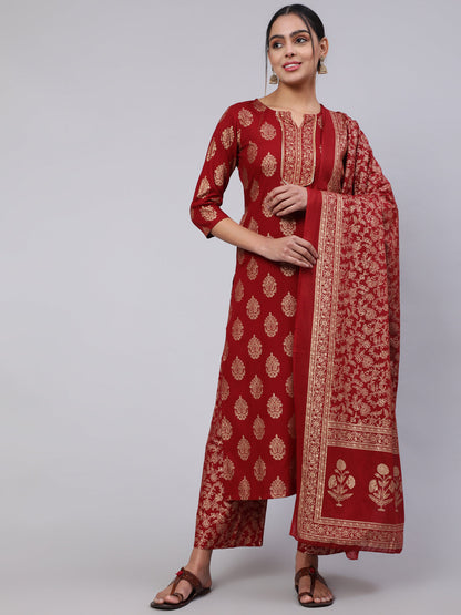 Maroon Ethnic Printed Kurta With Palazzo And Dupatta