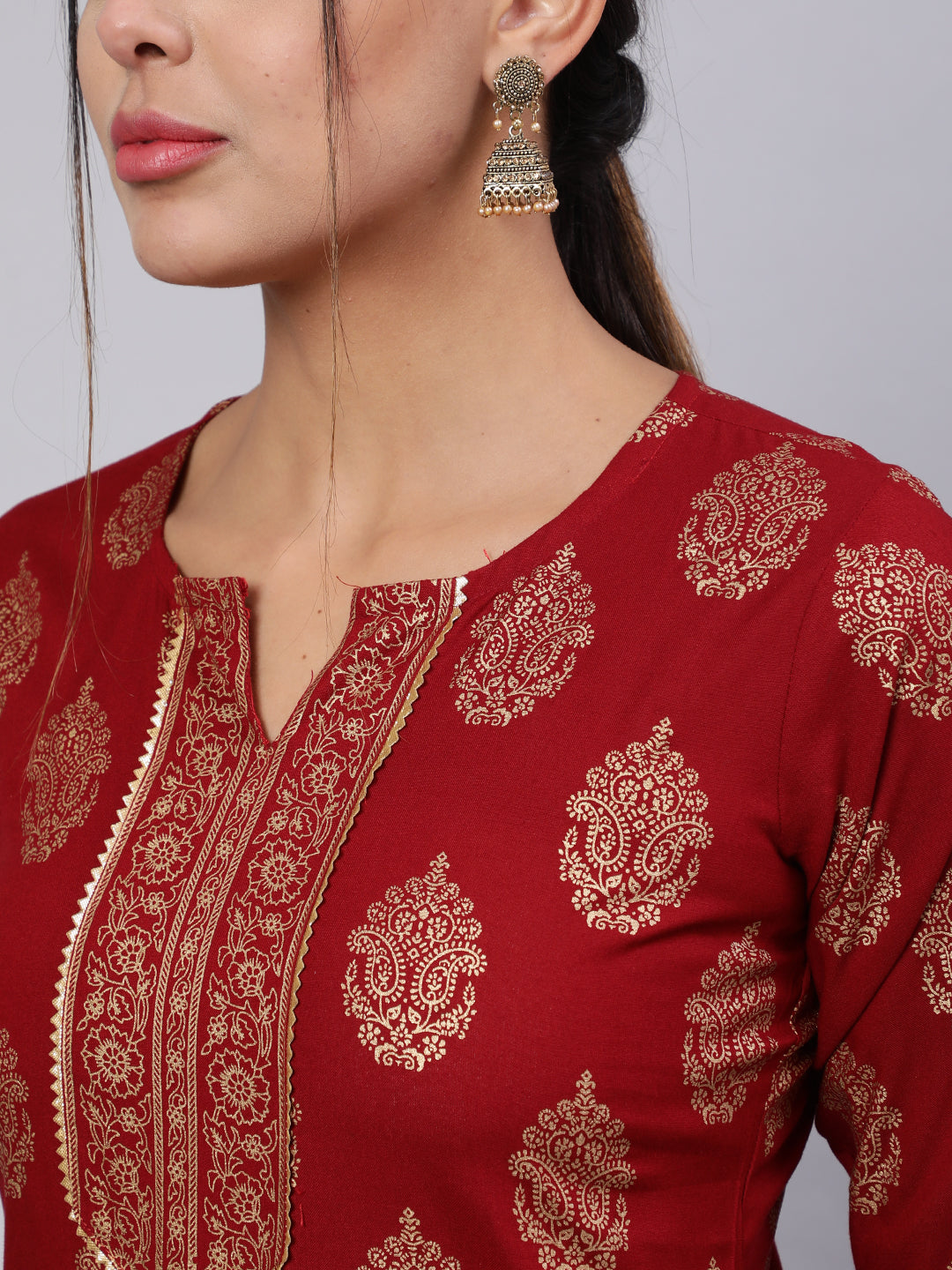 Maroon Ethnic Printed Kurta With Palazzo And Dupatta
