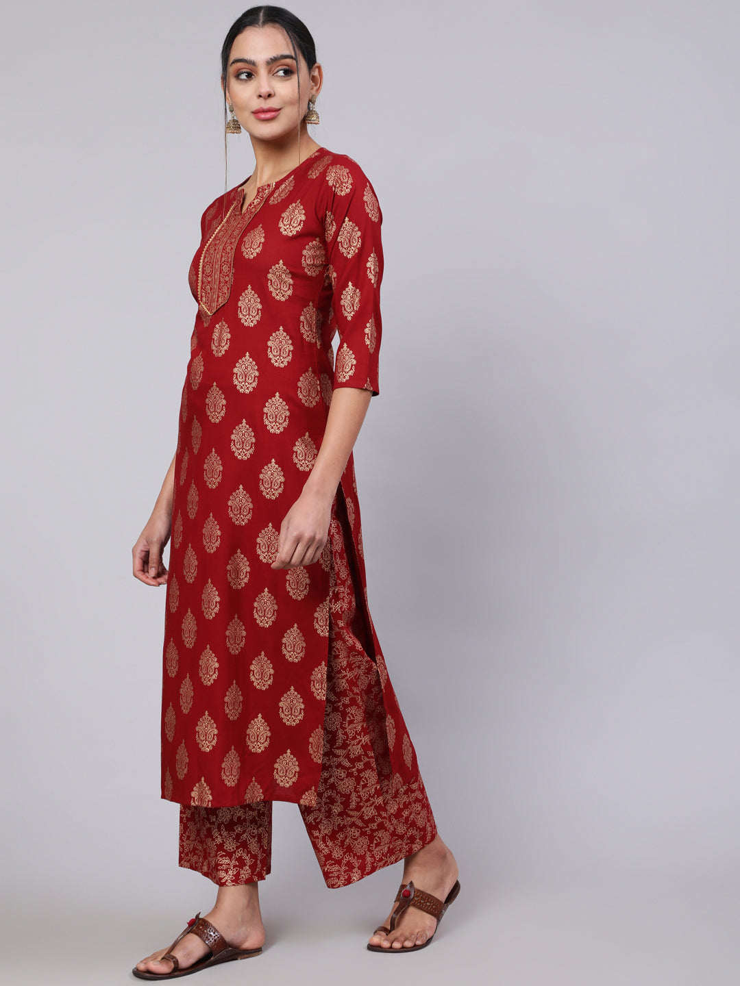 Maroon Ethnic Printed Kurta With Palazzo And Dupatta
