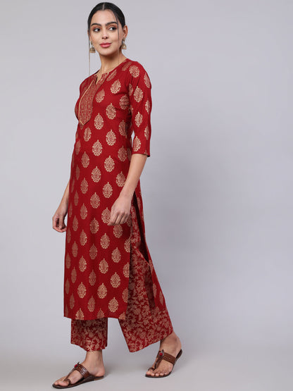Maroon Ethnic Printed Kurta With Palazzo And Dupatta