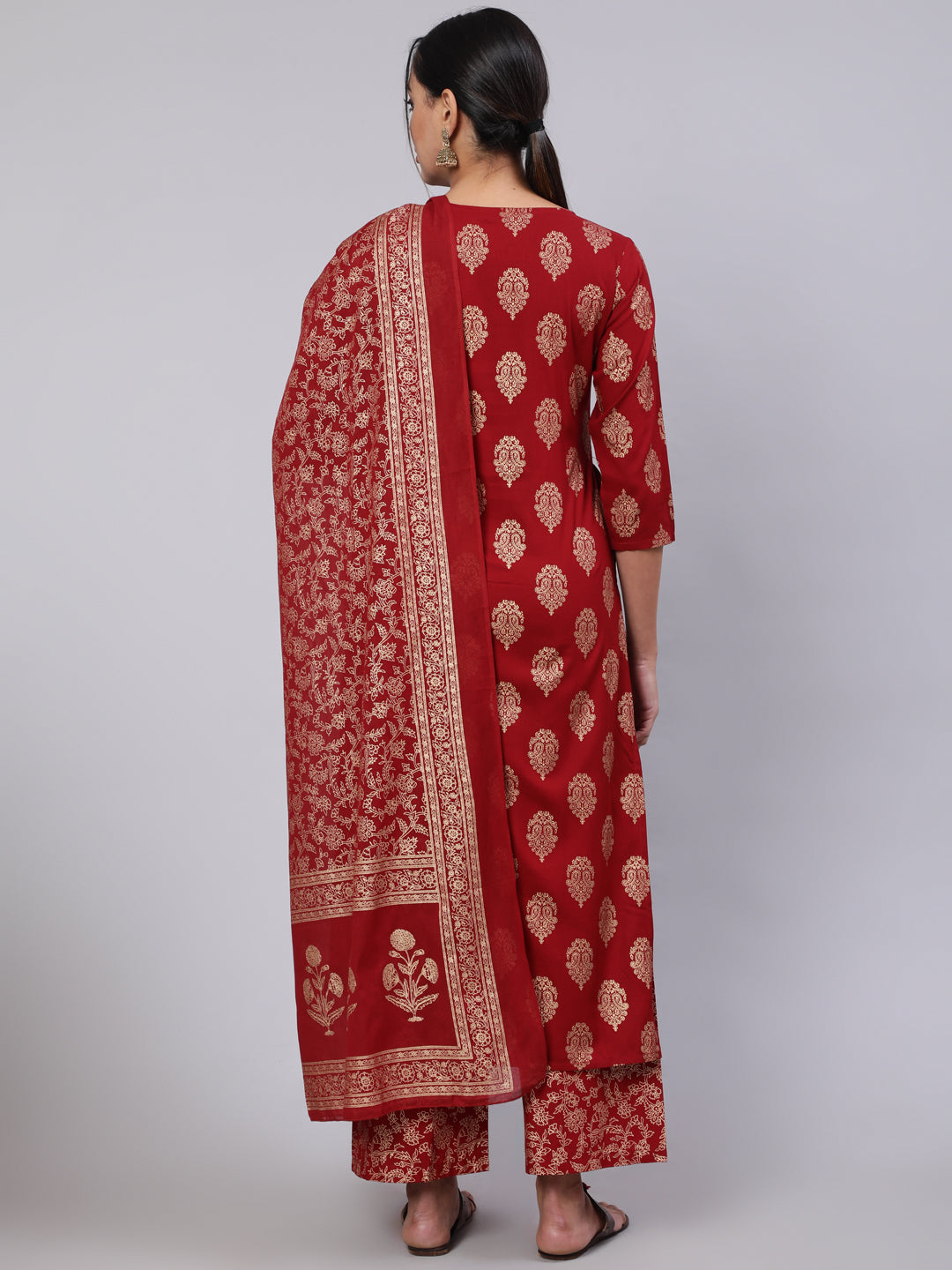 Maroon Ethnic Printed Kurta With Palazzo And Dupatta