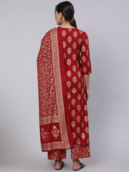 Maroon Ethnic Printed Kurta With Palazzo And Dupatta