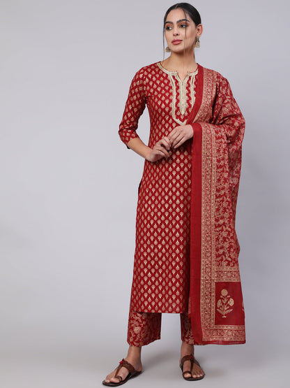 Maroon Ethnic Printed Kurta With Palazzo And Dupatta