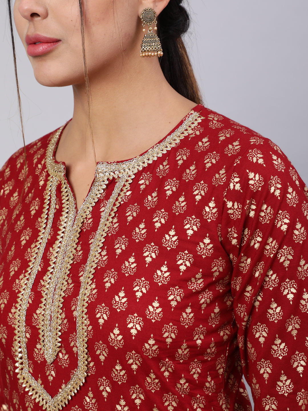 Maroon Ethnic Printed Kurta With Palazzo And Dupatta