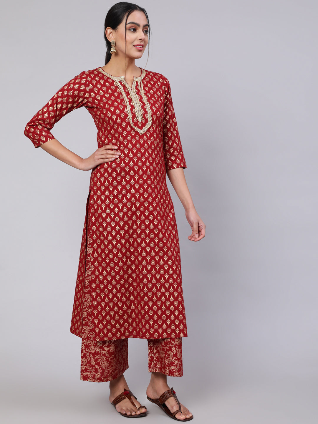 Maroon Ethnic Printed Kurta With Palazzo And Dupatta
