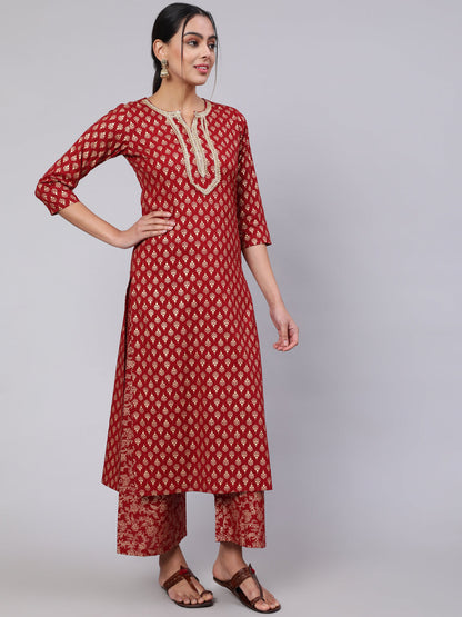Maroon Ethnic Printed Kurta With Palazzo And Dupatta