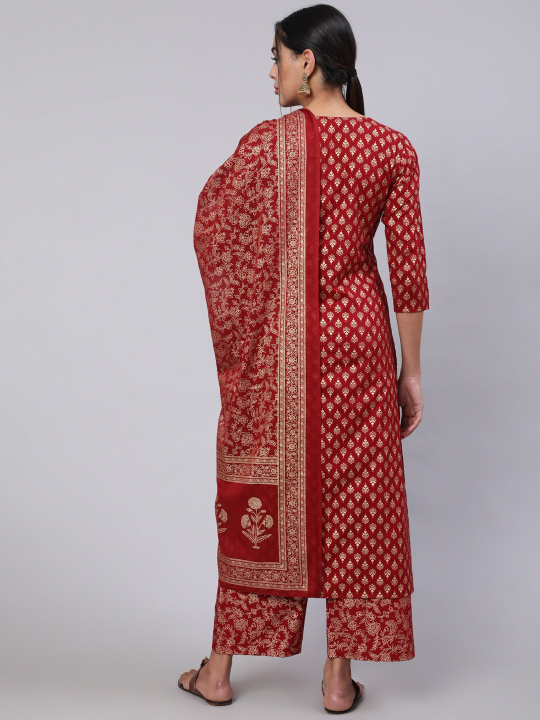 Maroon Ethnic Printed Kurta With Palazzo And Dupatta