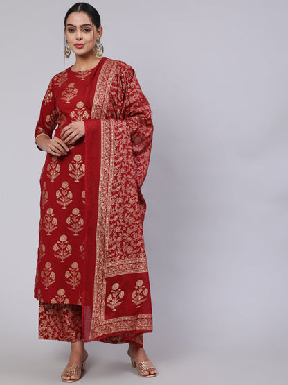 Maroon Ethnic Printed Kurta With Palazzo And Dupatta