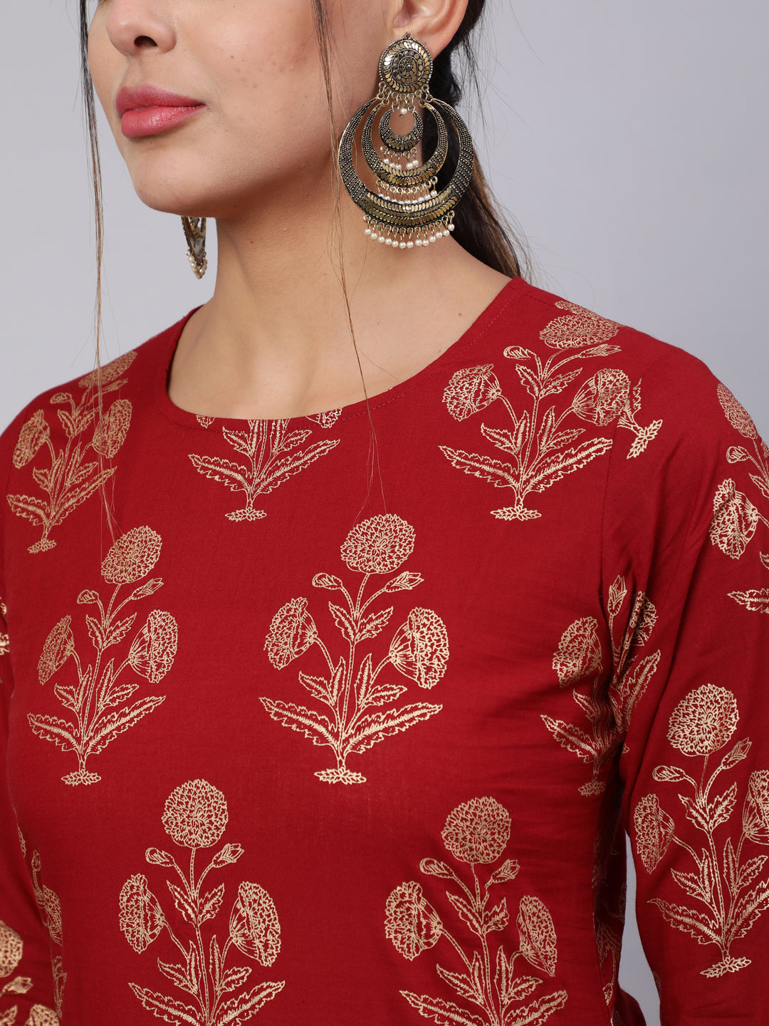 Maroon Ethnic Printed Kurta With Palazzo And Dupatta