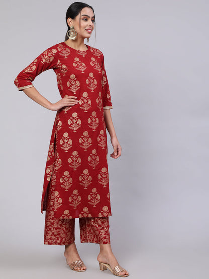 Maroon Ethnic Printed Kurta With Palazzo And Dupatta