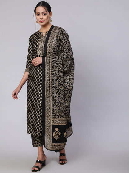 Black Ethnic Printed Kurta With Palazzo And Dupatta