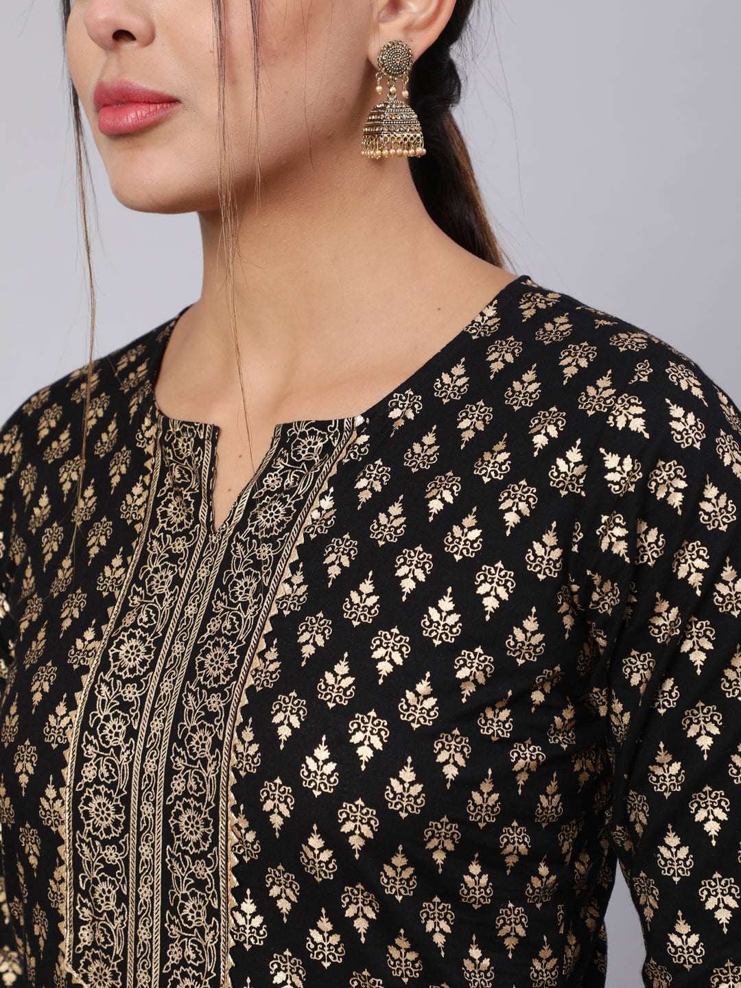 Black Ethnic Printed Kurta With Palazzo And Dupatta