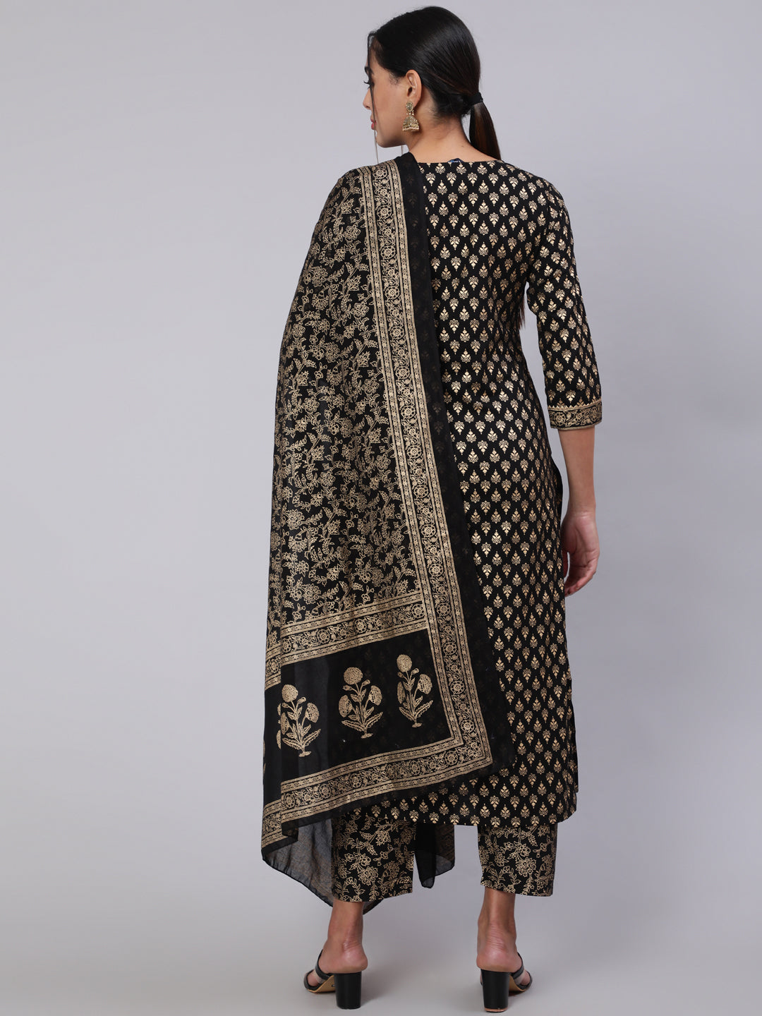 Black Ethnic Printed Kurta With Palazzo And Dupatta