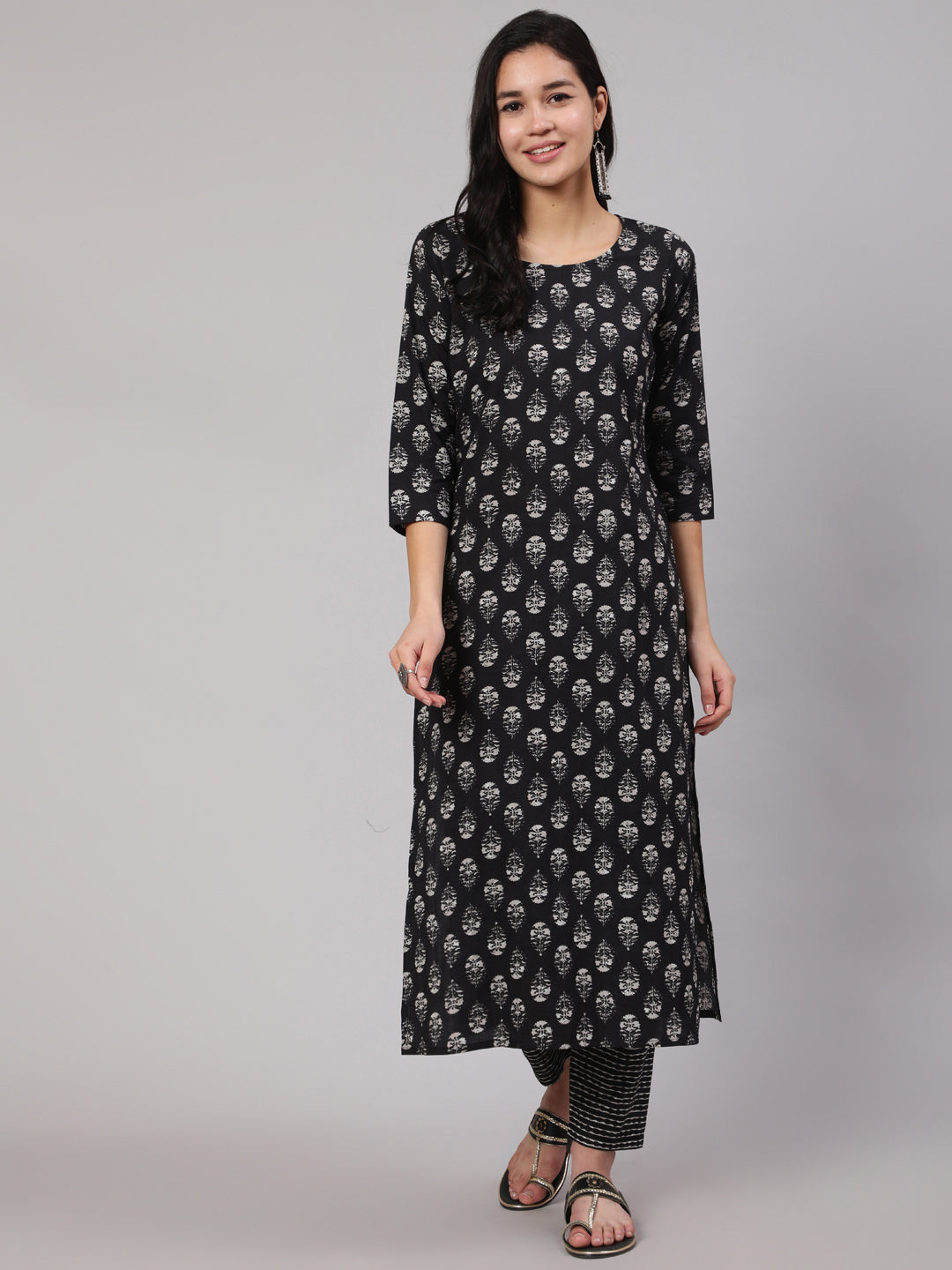 Black Ethnic Printed Straight Kurta With Trouser