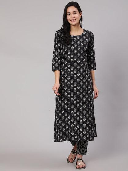 Black Ethnic Printed Straight Kurta With Trouser