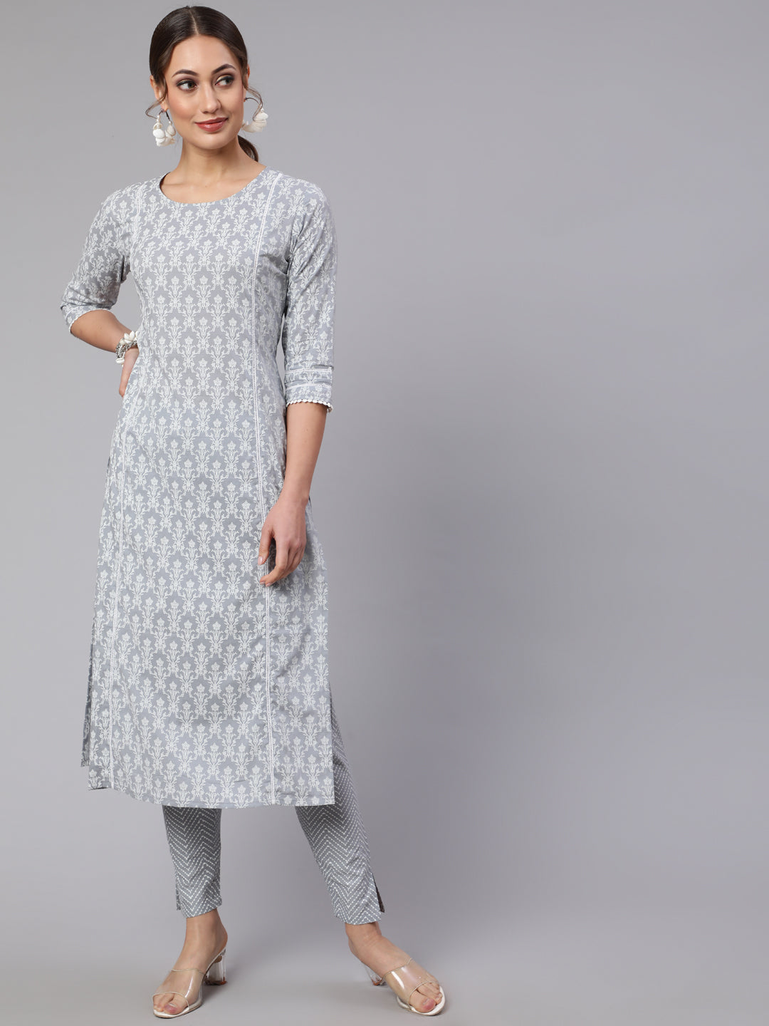 Grey Ethnic Printed Straight Kurta With Trouser