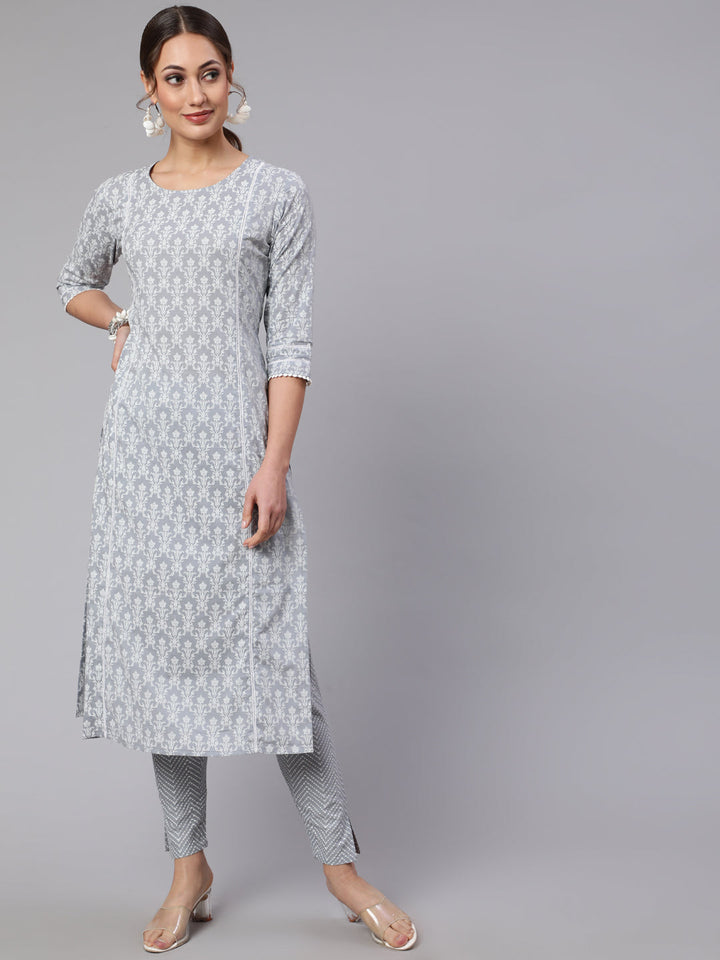 Grey Ethnic Printed Straight Kurta With Trouser
