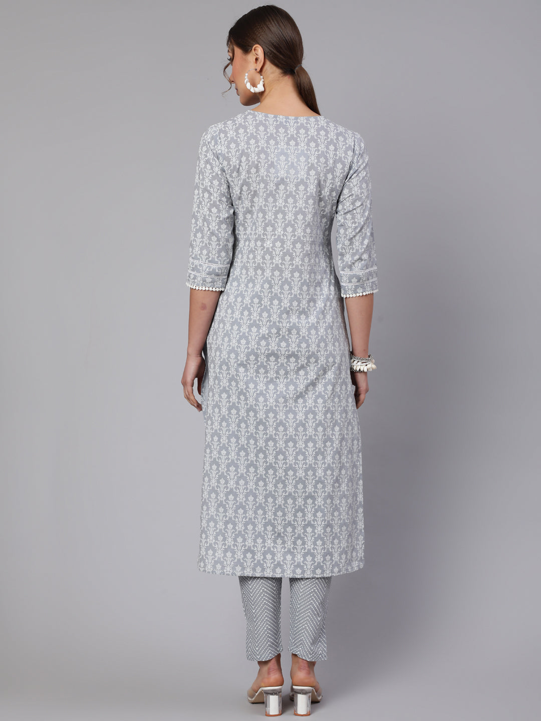 Grey Ethnic Printed Straight Kurta With Trouser