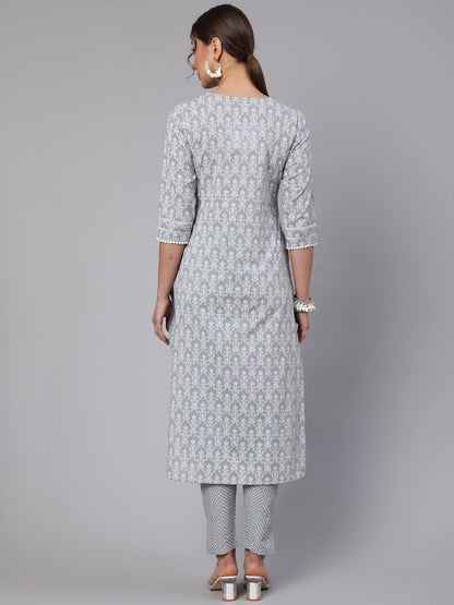 Grey Ethnic Printed Straight Kurta With Trouser