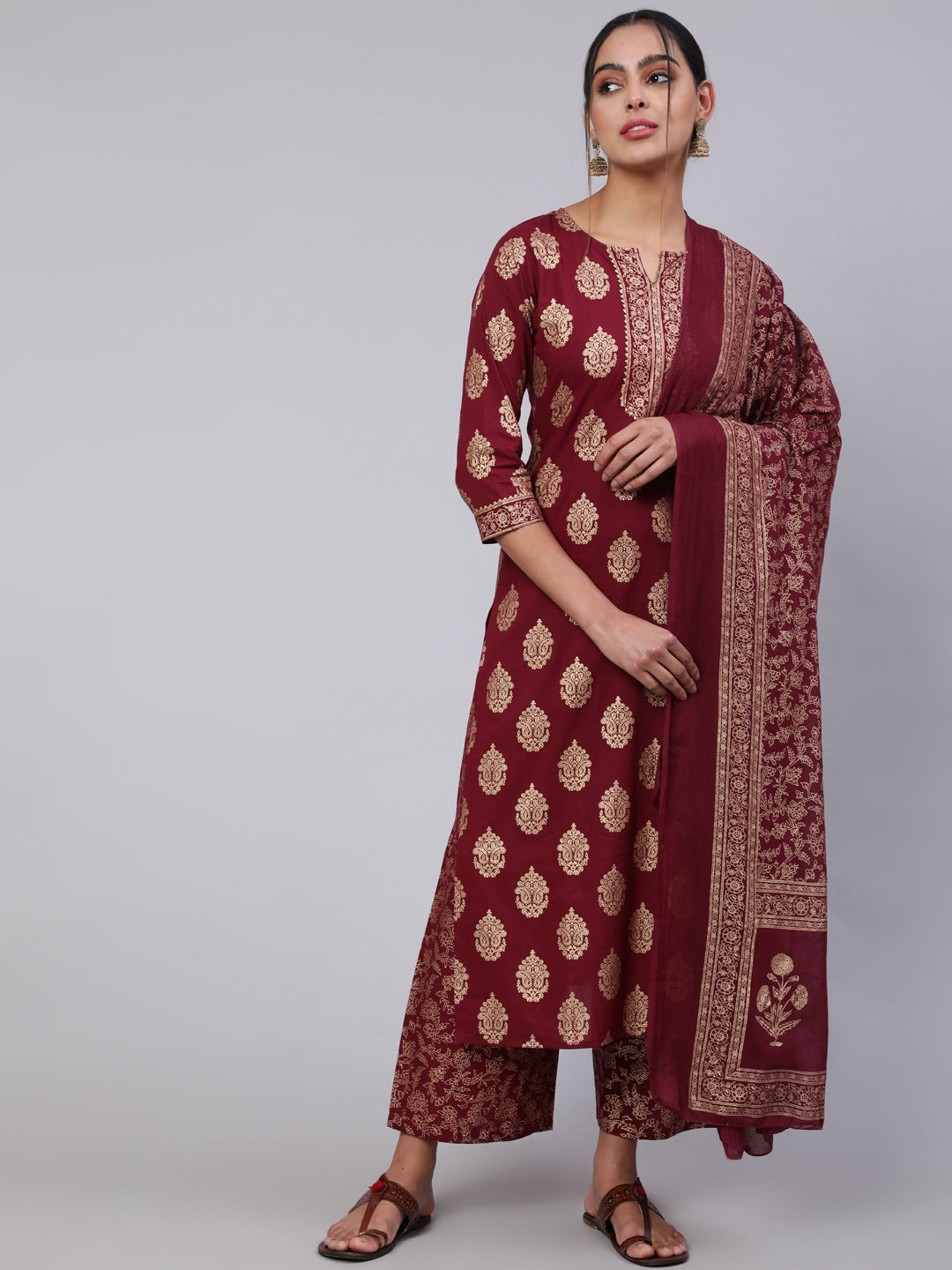 Burgundy Ethnic Printed Kurta With Palazzo And Dupatta