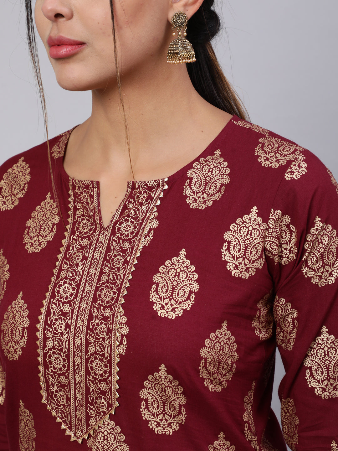 Burgundy Ethnic Printed Kurta With Palazzo And Dupatta