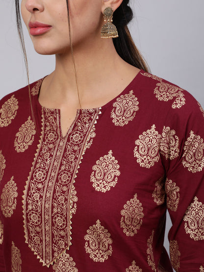 Burgundy Ethnic Printed Kurta With Palazzo And Dupatta