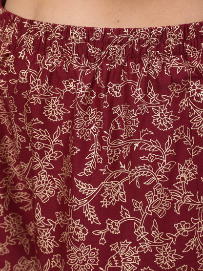 Burgundy Ethnic Printed Kurta With Palazzo And Dupatta